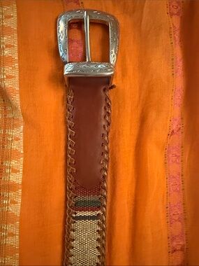 Brown Leather Woven Belt with Silver Buckle 34”